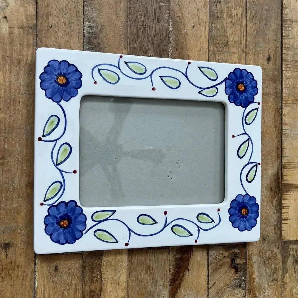 Vintage Ceramic Photo Frame With Blue Flowers and Leaves